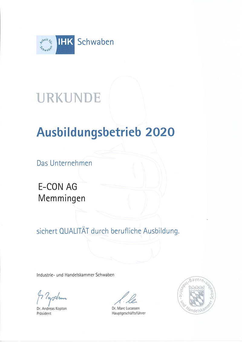 IHK Ausbildungsbetrieb Urkunde 2020